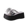 French black platform heightening sandals female 2025 summer new gentle fairy wind bow word slippers