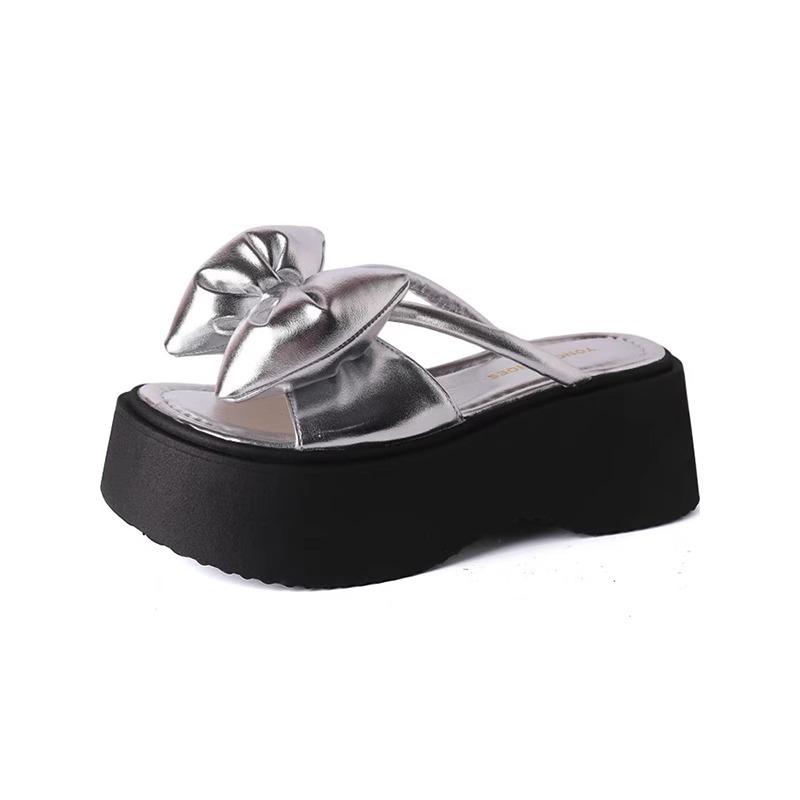 French black platform heightening sandals female 2025 summer new gentle fairy wind bow word slippers