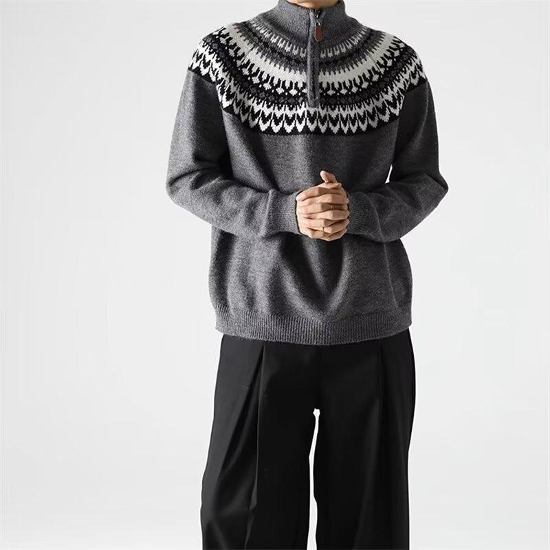 Men s Retro Ethnic Jacquard Knit Sweater - Autumn/Winter Half-High Collar Base Layer XXL