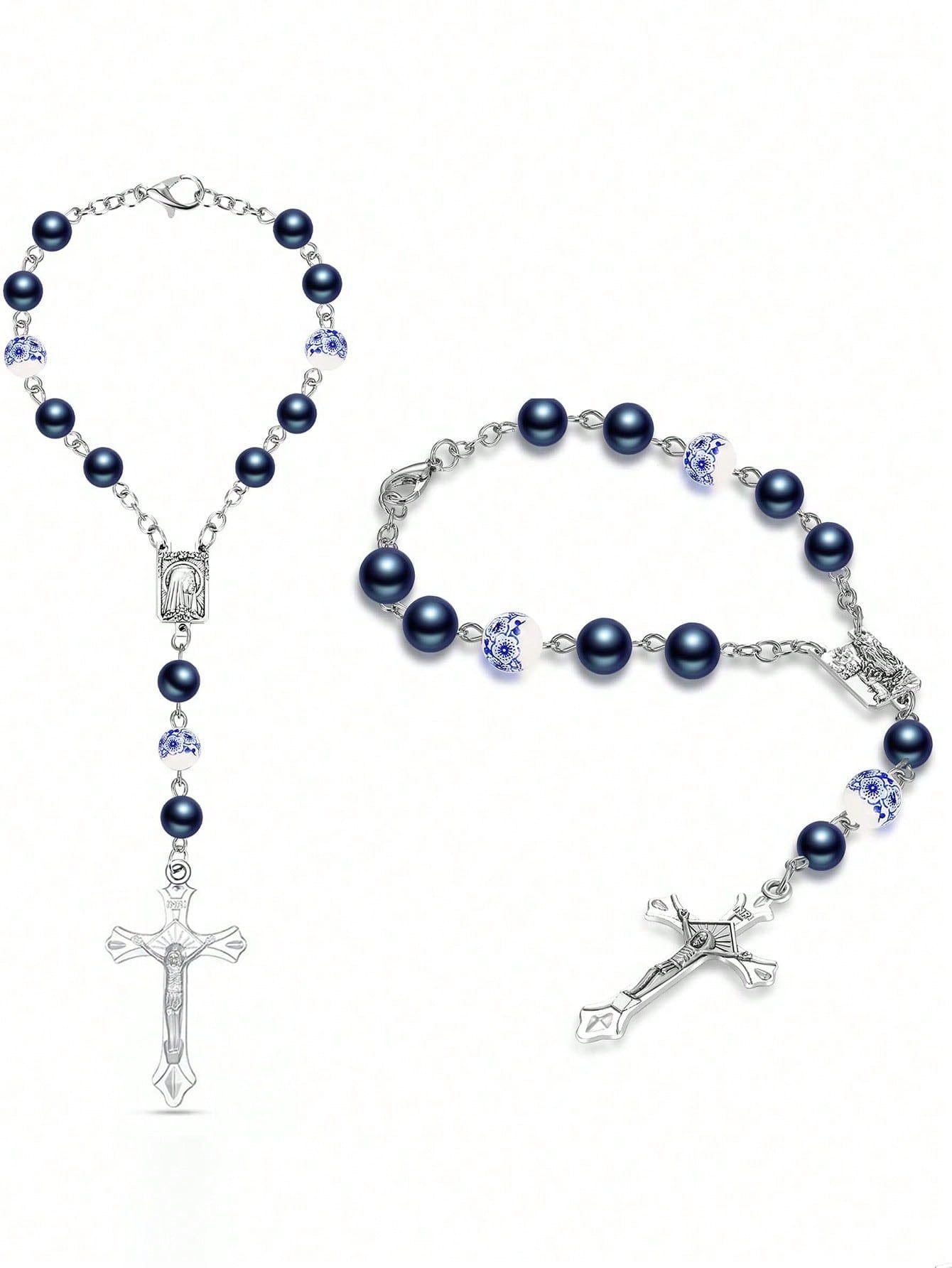 

1Pc Rose Cross Car Hanging Ornament Beaded Rosary Rearview Mirror Pendant For Women синий