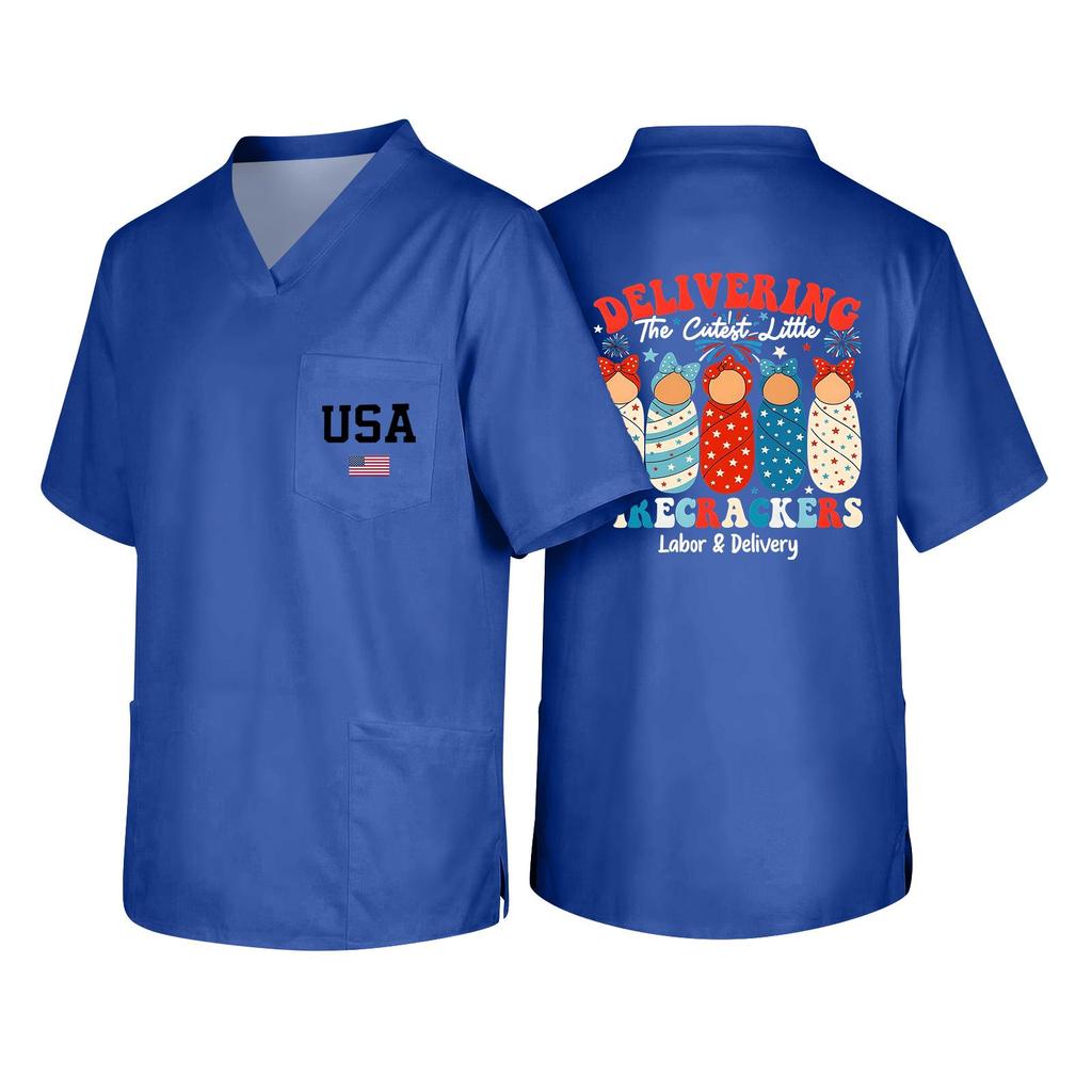 Men's Short Sleeve V Neck Work Shirt Nurse Uniform Top with Pocket USA Print Casual Fit Medical Scrub Tee for Healthcare Professionals