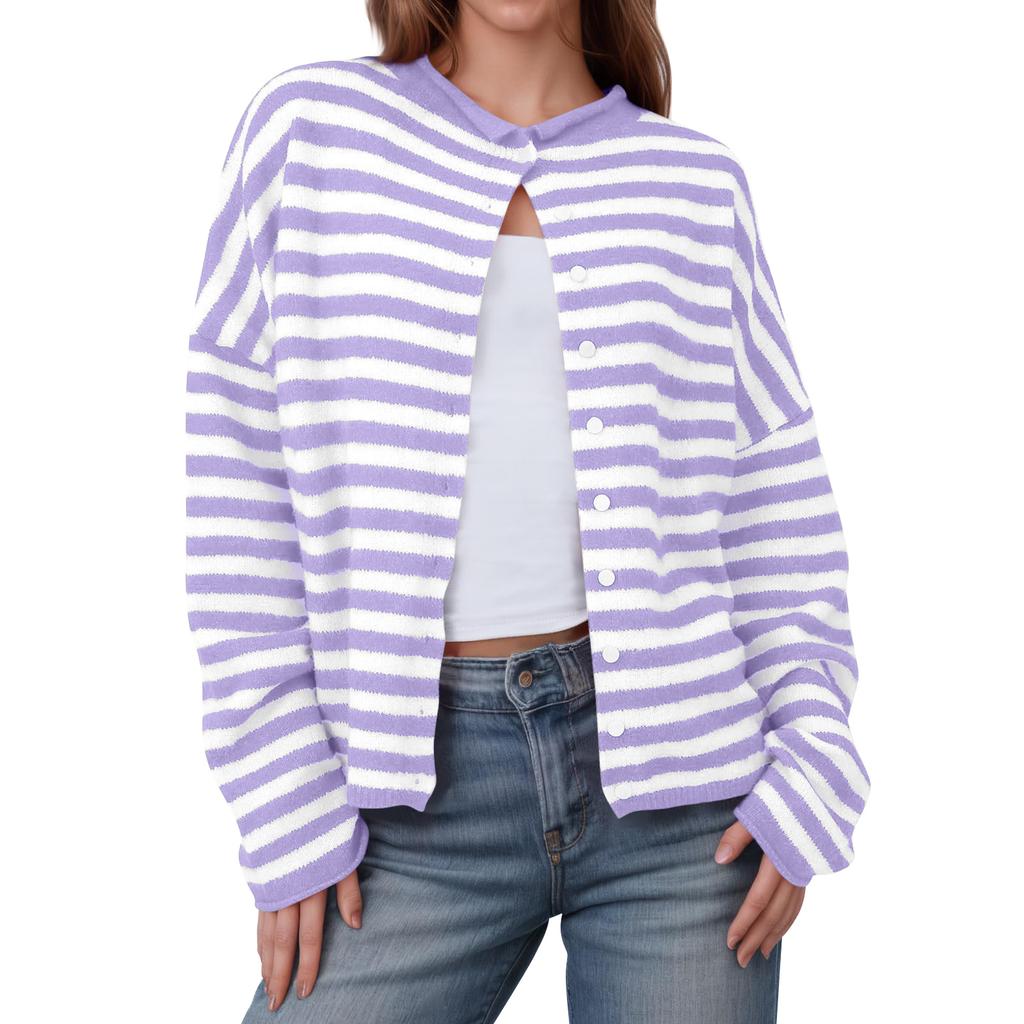 Womens Striped Cardigan Casual Long Sleeve Open Front Button Down Loose Knit
