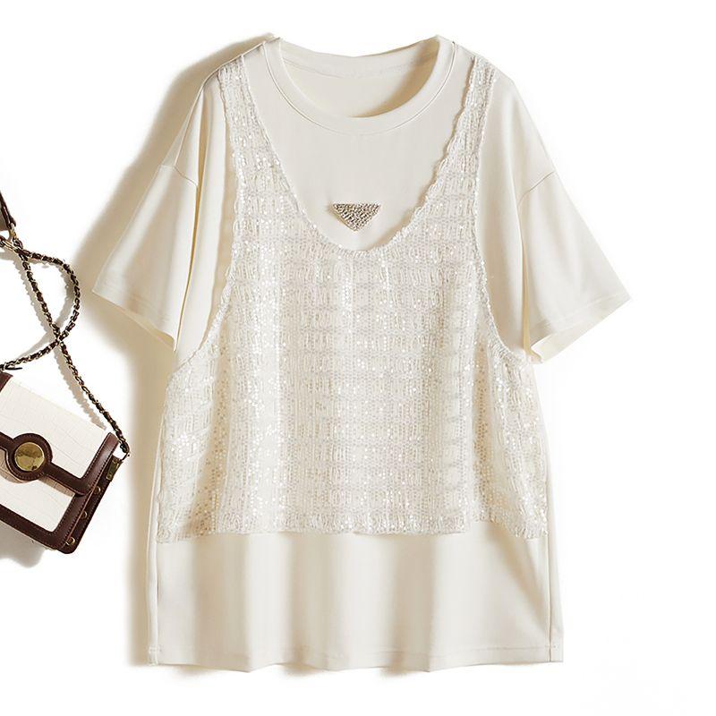 

Export North America Station! Trendy Women s Fake Two-Piece Tencel Cotton round Neck Short Sleeve Sequin Attached Long T-shirt 2025 Amoi White L