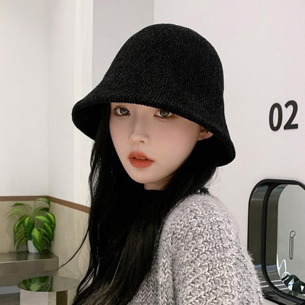 British Style Women Panama Cap Chenille Bucket Hat Casual Knitted Fisherman Hat  Outdoor
