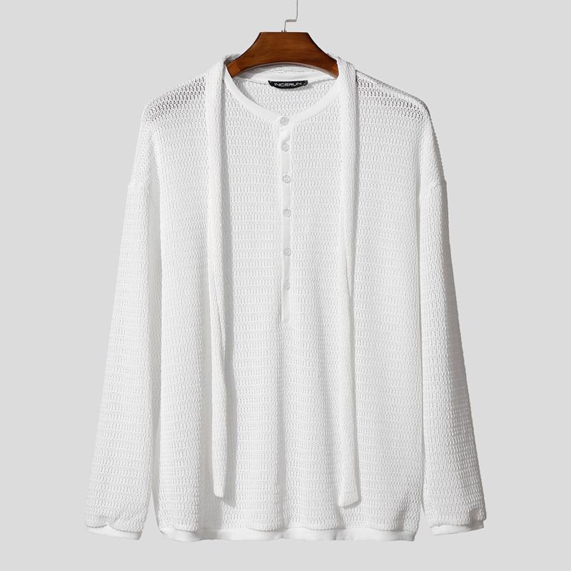 

INCERUN Мужские футболки оверсайз с длинным рукавом на пуговицах, сетчатые, прозрачные, с вырезами 5XL белый