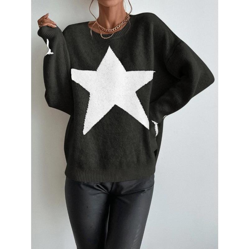 Women S Crew Neck Long Sleeve Pullover Knit Sweater Star Pattern
