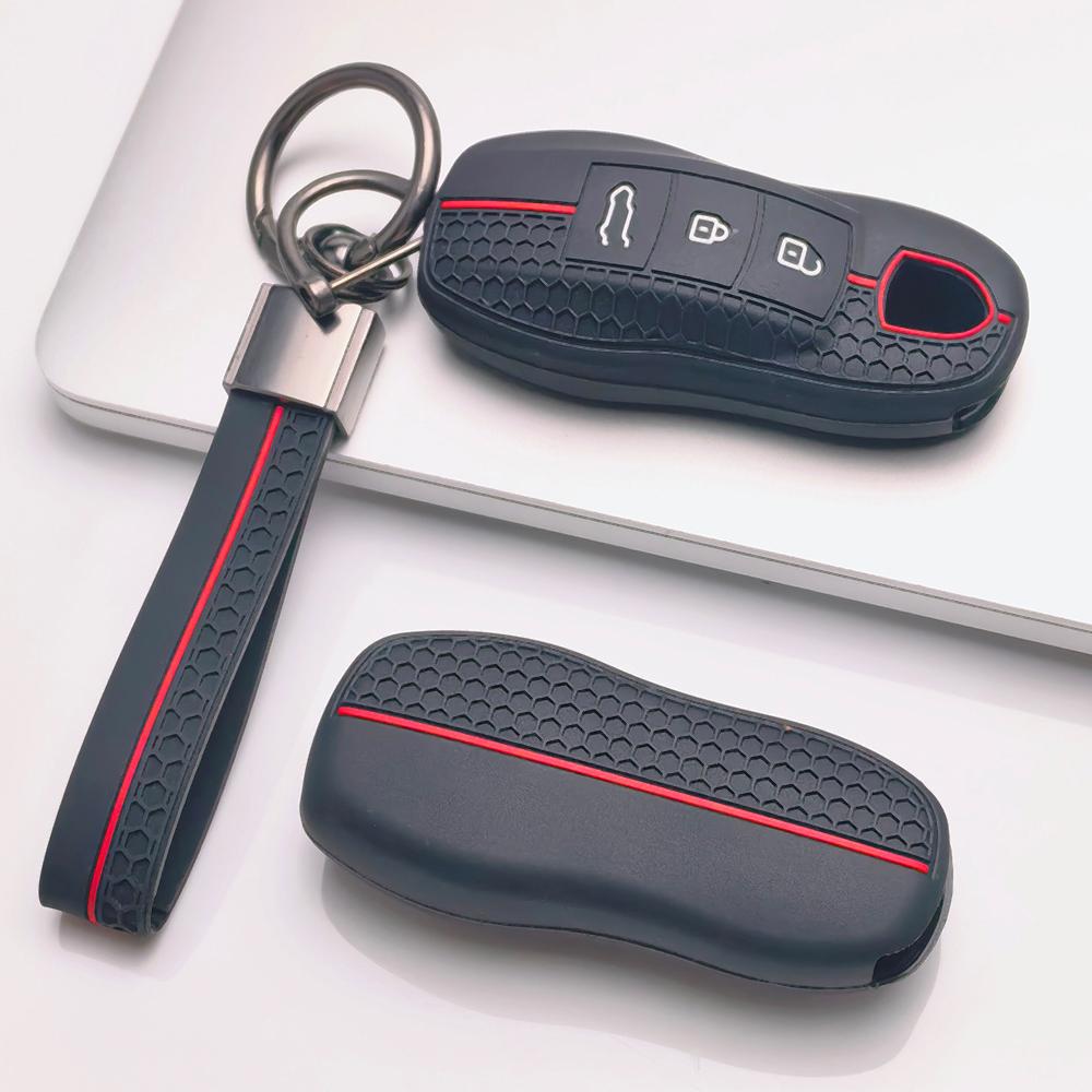 Soft Silicone Remote Key Case for Porsche Cayenne Macan Panamera 911 Boxster Cayman Taycan 718 Spyder GT3 RS with Keychain Car Remote Key Sleeve