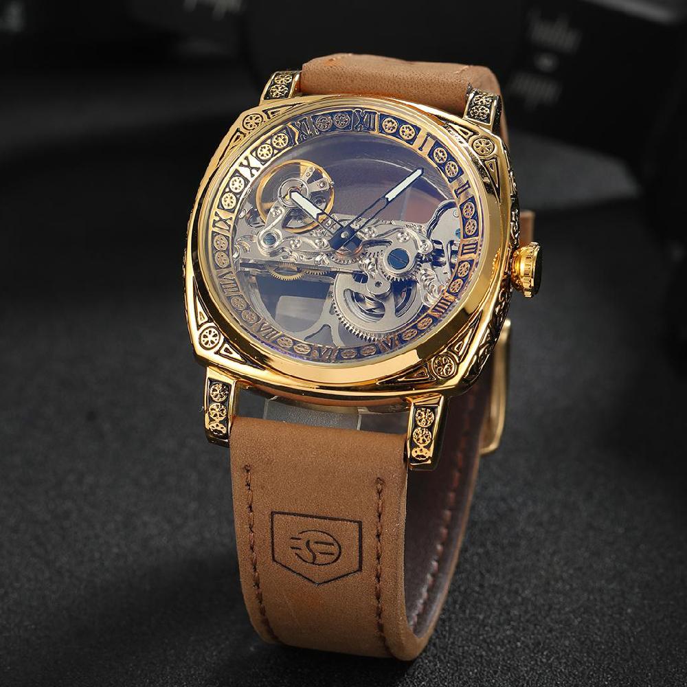 FORSINING Automatic Men Watch Mechanical Bridge Skeleton Transparent Luxury Vintage Cushion Case Suede Leather Male Dress Watch