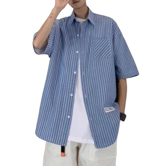 Summer Men Shirt Button-down Lapel Collar Striped Cardigan Short Sleeves Cardigan Loose Mid Length Casual Daily Wear Office Business Top