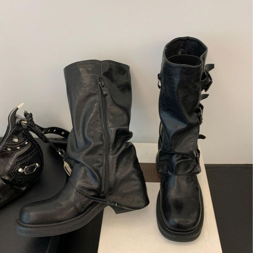 Thick-soled washed leather trousers Martin boots women's 2025 new belt buckle medium tube stack boots retro western cowboy boots