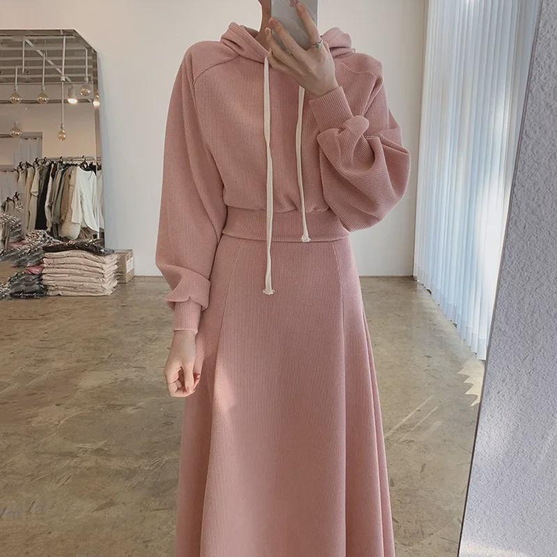 2024 Pink Loose Long-Sleeve Hoodie & High Waist Skirt Set