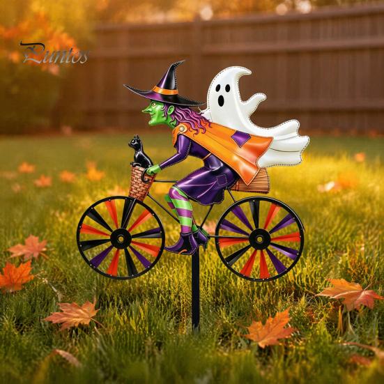 Gift for Garden Lovers Halloween Wizard/Ghost/Black Cat/Skeleton Bicycle Ground Stake Ornament, Metal Stakes, Yard Art Decorative Outdoor Statue Lawn