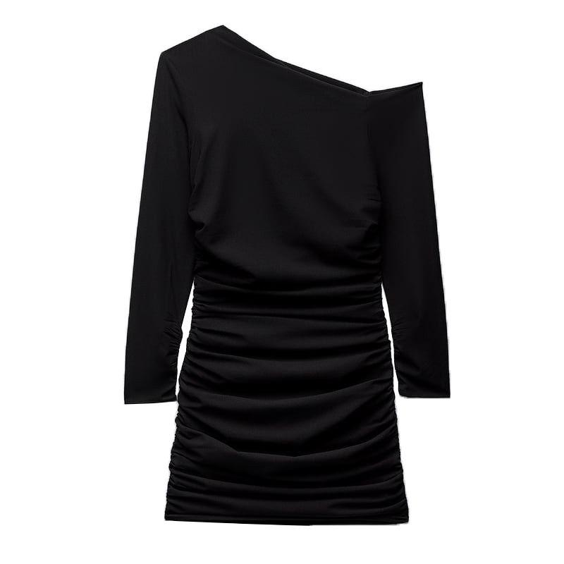 

Pleated Autumn New French Tight Long Sleeve Black Dress Black L