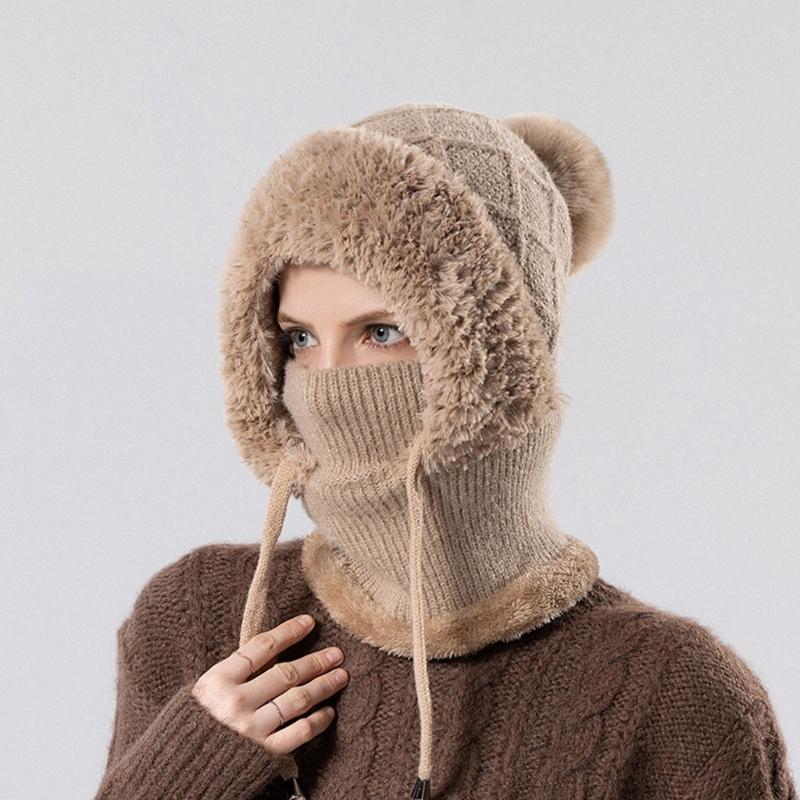 2in1 Winter Warm Ear Flap Scarf Hat Women Knit Hooded Balaclava Hat with Plush Liner Outdoor Activity Pullover Skull Hat