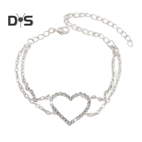 

Женский ножной браслет с вырезом в виде сердца, двухслойный декор со стразами, регулируемая длина, полированные женские украшения на щиколотке, цепочка на лодыжку, подарок на день рождения, юбилеи серебряный