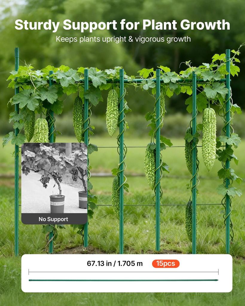 Garden Stakes, 15 Pack, 1705 mm, Plastic Coated Metal Tomato Stakes, Garden Sticks for Plants Support, with Pointed End and Non-Slip Bumps for Growing