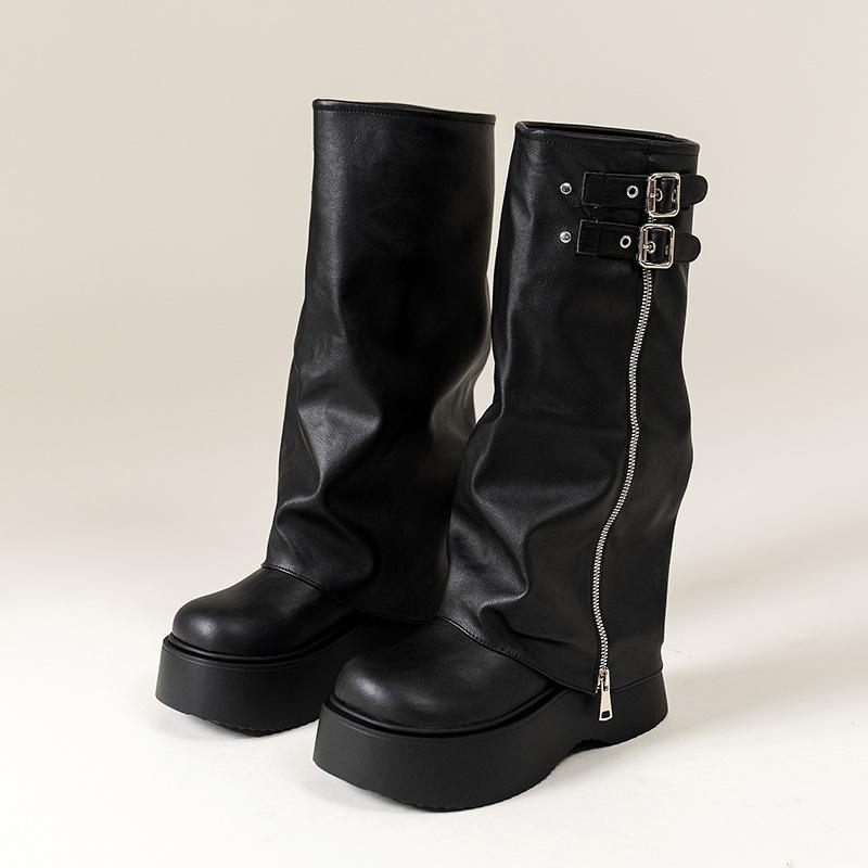 Black Retro British Thick Heel Platform Boots Women's 2025 New Autumn Thin and Heightened Trousers Knight Boots