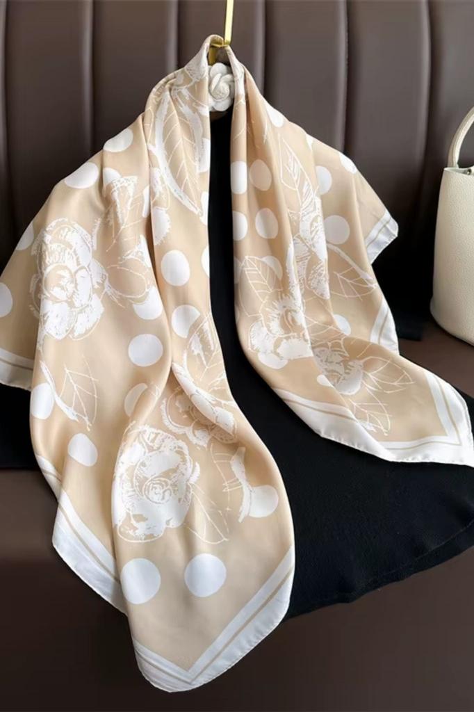 Beige Scarf 90x90 with White Polka Dots and Flowers - Delicate Elegance in a Vintage Style