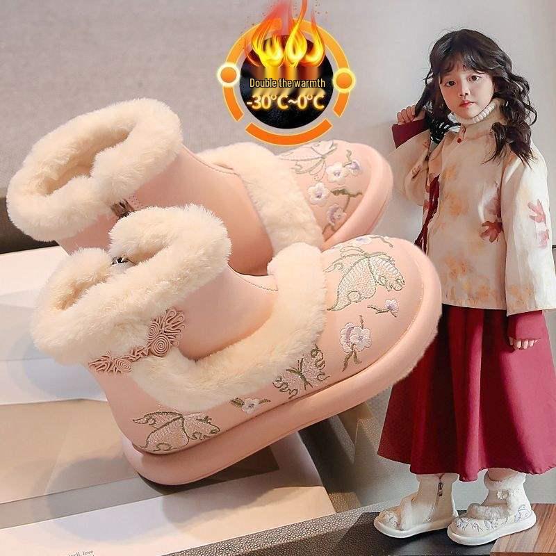 Girls' Hanfu Cotton Boots - 2026 New Flower Embroidery, Chinese-Style Soft Sole, Short Fairy Boots