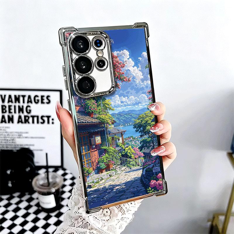 Anime Aesthetic Scenery Plating Phone Case For Samsung Galaxy S24 S25 FE S26 Edge S23 Ultra S22 S21 Plus S20 Anti-Fall Airabag C