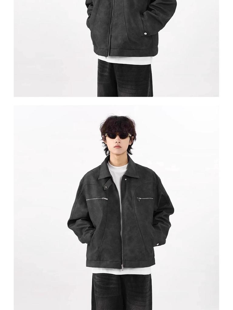 Men's Vintage Washed PU Leather Motorcycle Jacket - Loose Fit, High-End Vibe, Spring/Autumn