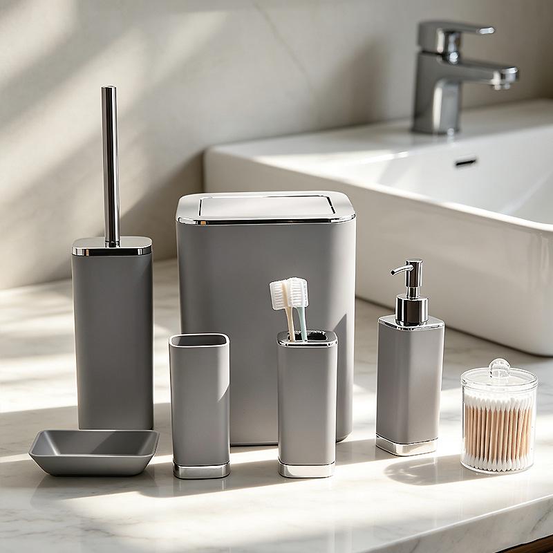 Bathroom Essentials Set: Soap Dispenser, Toothbrush Holder, Cup, Cotton Swab Holder, Soap Dish, Toilet Brush, Trash Can with Lid.