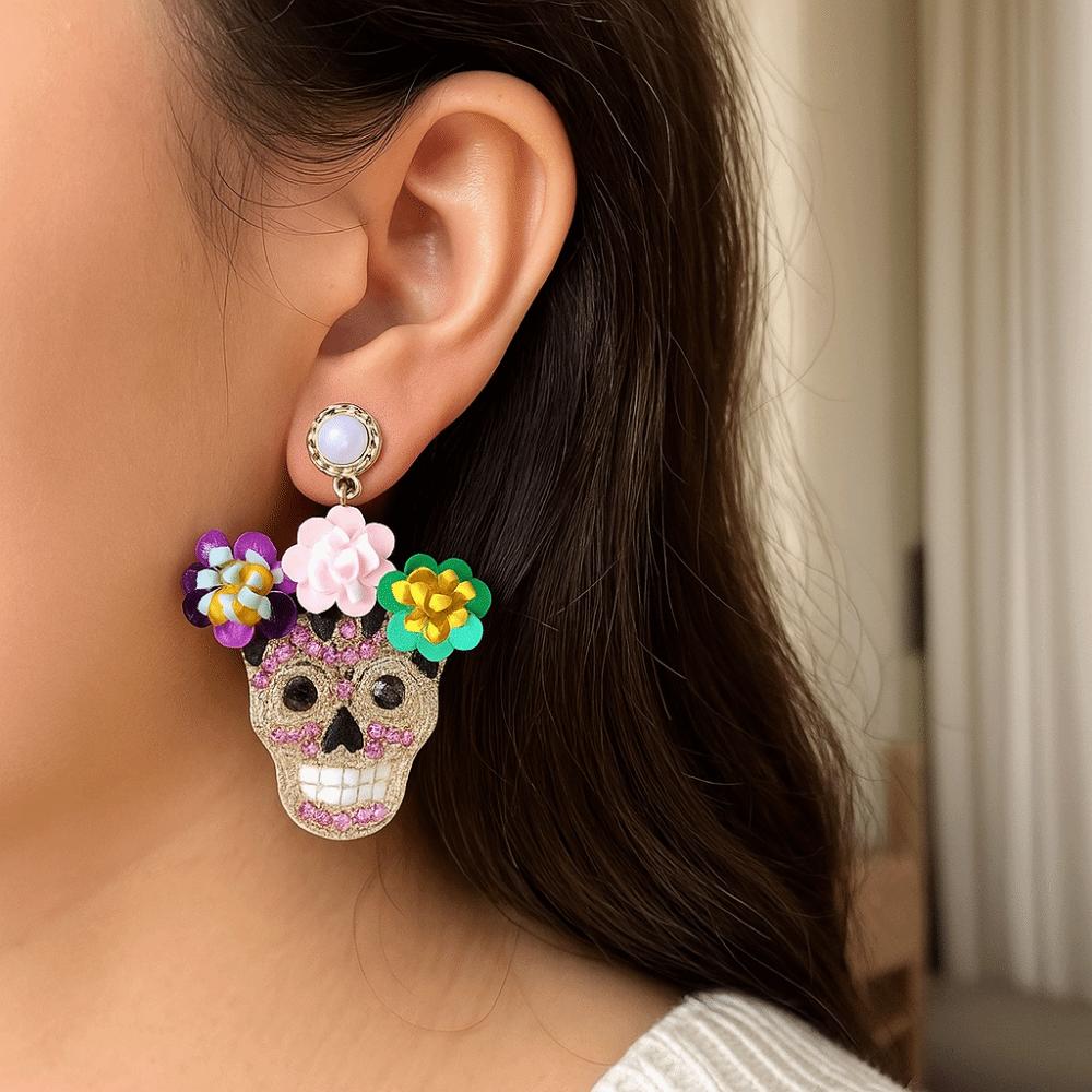Personality Vintage Earring Rhinestone Glitter Skeleton Stud Earrings  Women