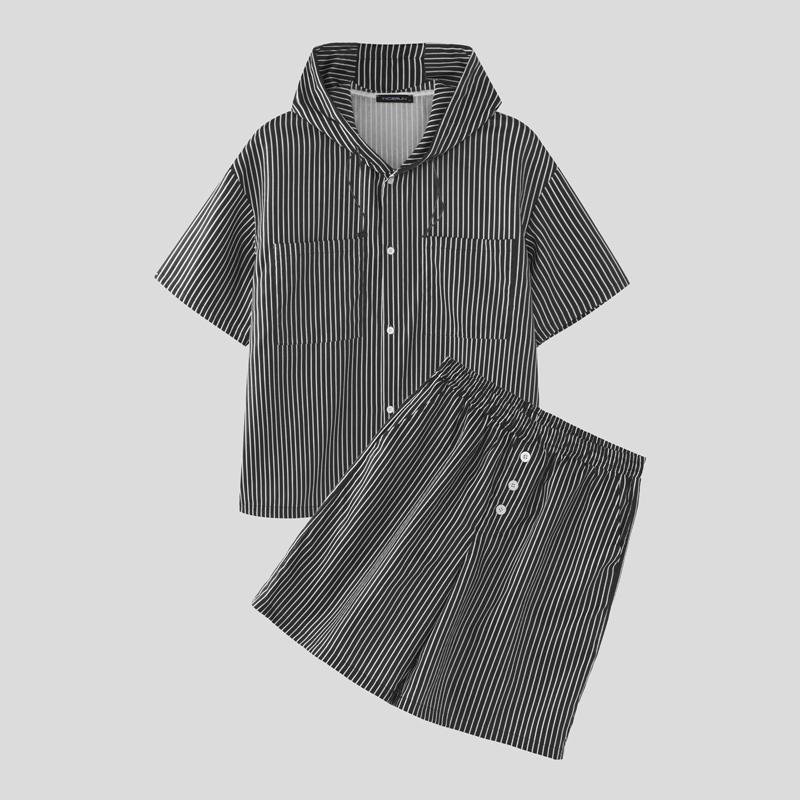 INCERUN Two Piece Sets Men Short Sleeve Striped Hooded Shirts Shorts Outfits