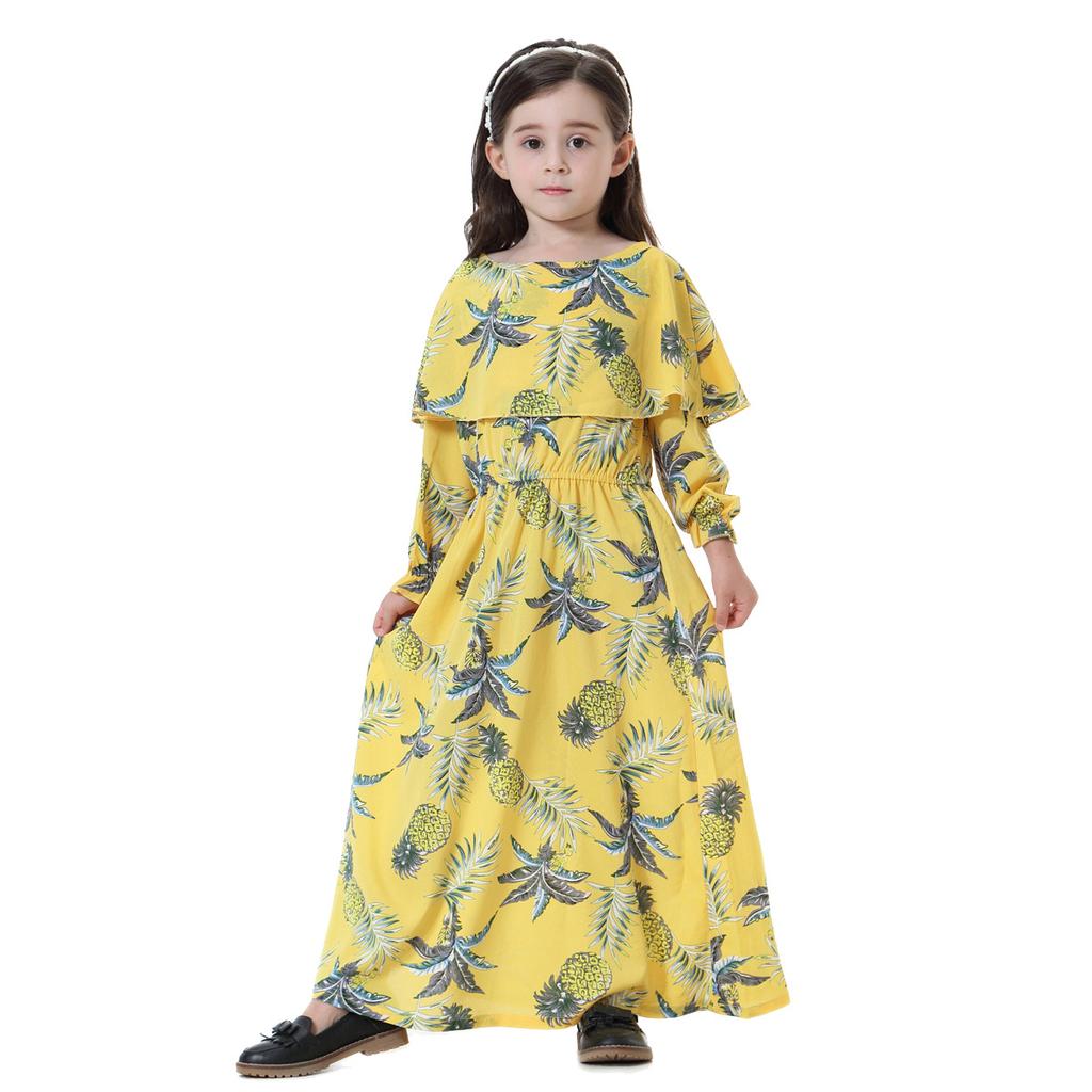 Dívčí šaty s potiskem a dlouhým rukávem, muslimské arabské dívčí šaty s kulatým výstřihem, květinové šaty, turecké islámské oblečení, dětské šaty