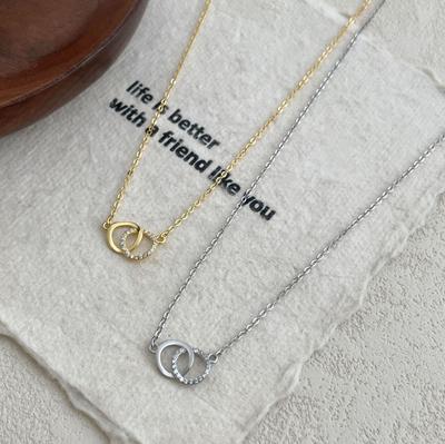 18K Goldplattierte Doppelskreis Halskette mit mikro-besetzten Zirkonia, Minimalistische S925 Sterling Silber Schlüsselbein Kette