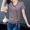 Striped Drawstring Short-sleeved V-neck T-shirt Summer Women's New Large-size Casual Pullover Top