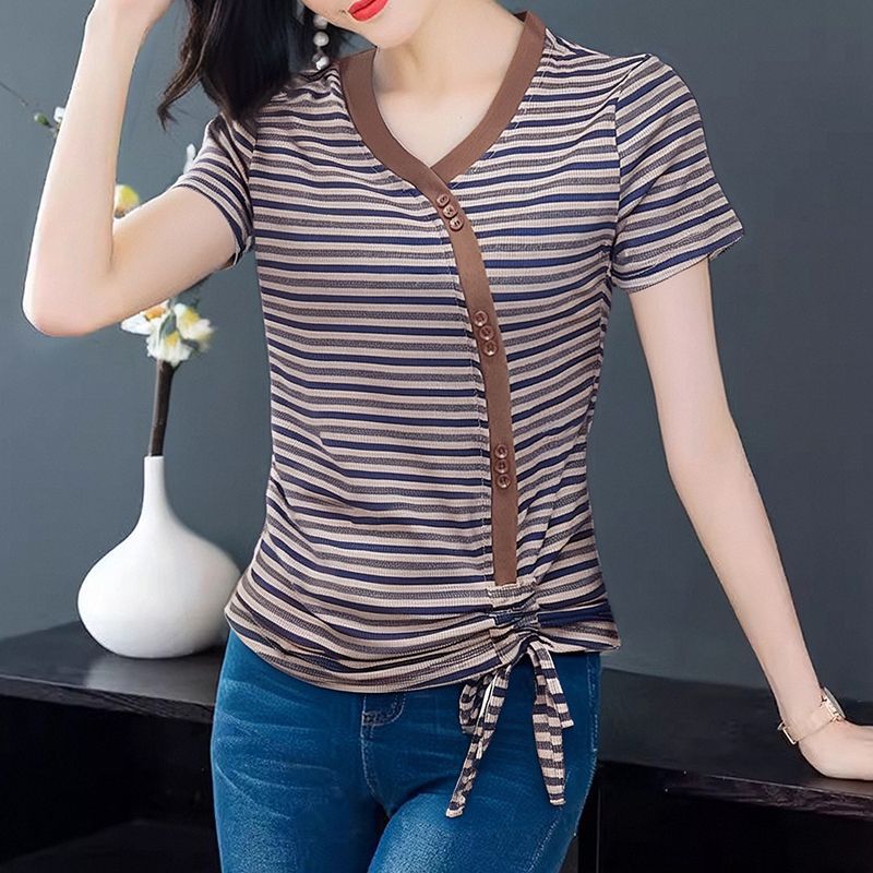 Striped Drawstring Short-sleeved V-neck T-shirt Summer Women's New Large-size Casual Pullover Top