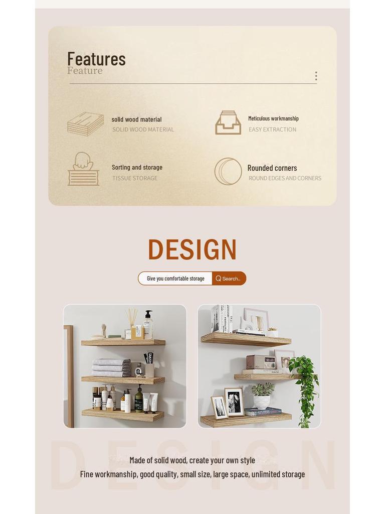 Solid Wood Wall Shelf for Living Room: Punched One-Line Board for Books and Decorative Display