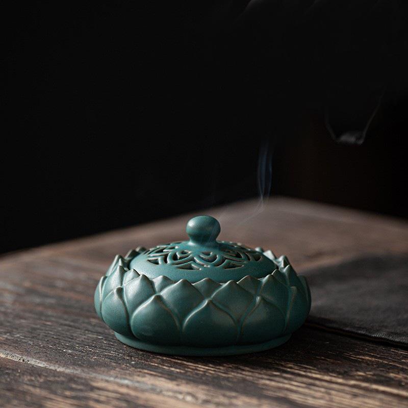 Zen Lotus Ceramic Incense Burner - Antique Sandalwood Coil for Indoor Use