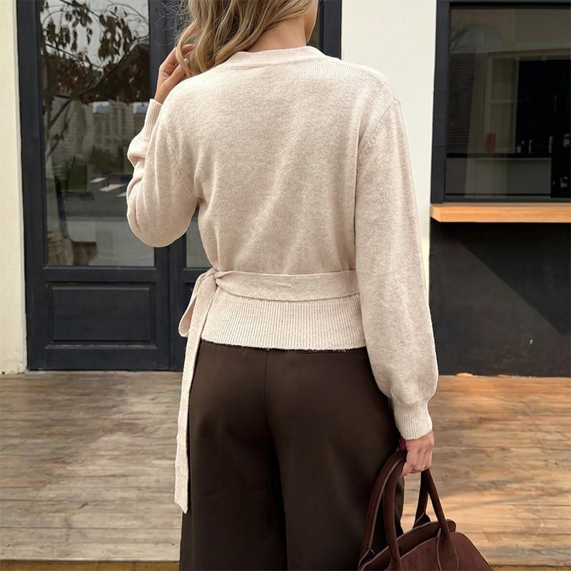 2026 Solid Color Wrap Tie V-Neck Sweater Casual Long Sleeve Pullover Women