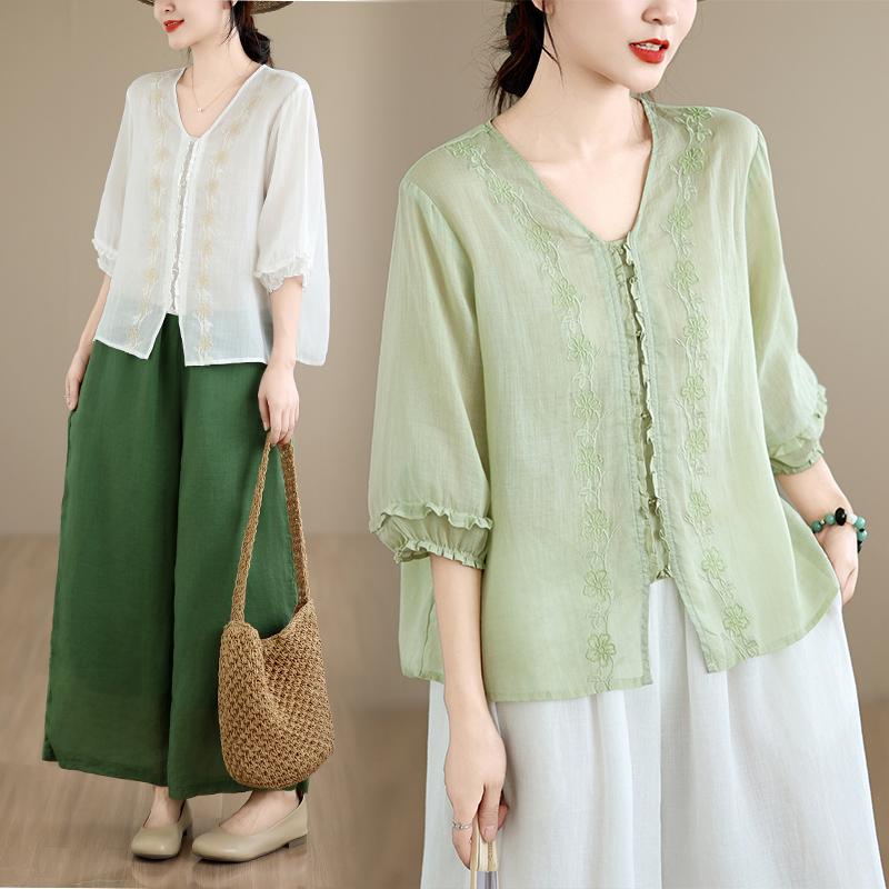 DIMANAF 2026 Summer New Plus Size Women Blouse Shirt Elegant Embroidery Floral Lady Tops T-Shirt Cotton Fashion Clothing