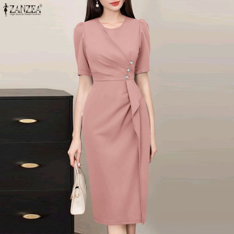 ZANZEA Abito Elegante da Donna Casual, Girocollo, Manica Corta, Slim