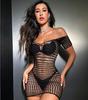 Tight Grid Dress Bodysuit Fishnet Jumpsuit Body Stocking Women Net Sheer Lingerie Mini See Through Skirt