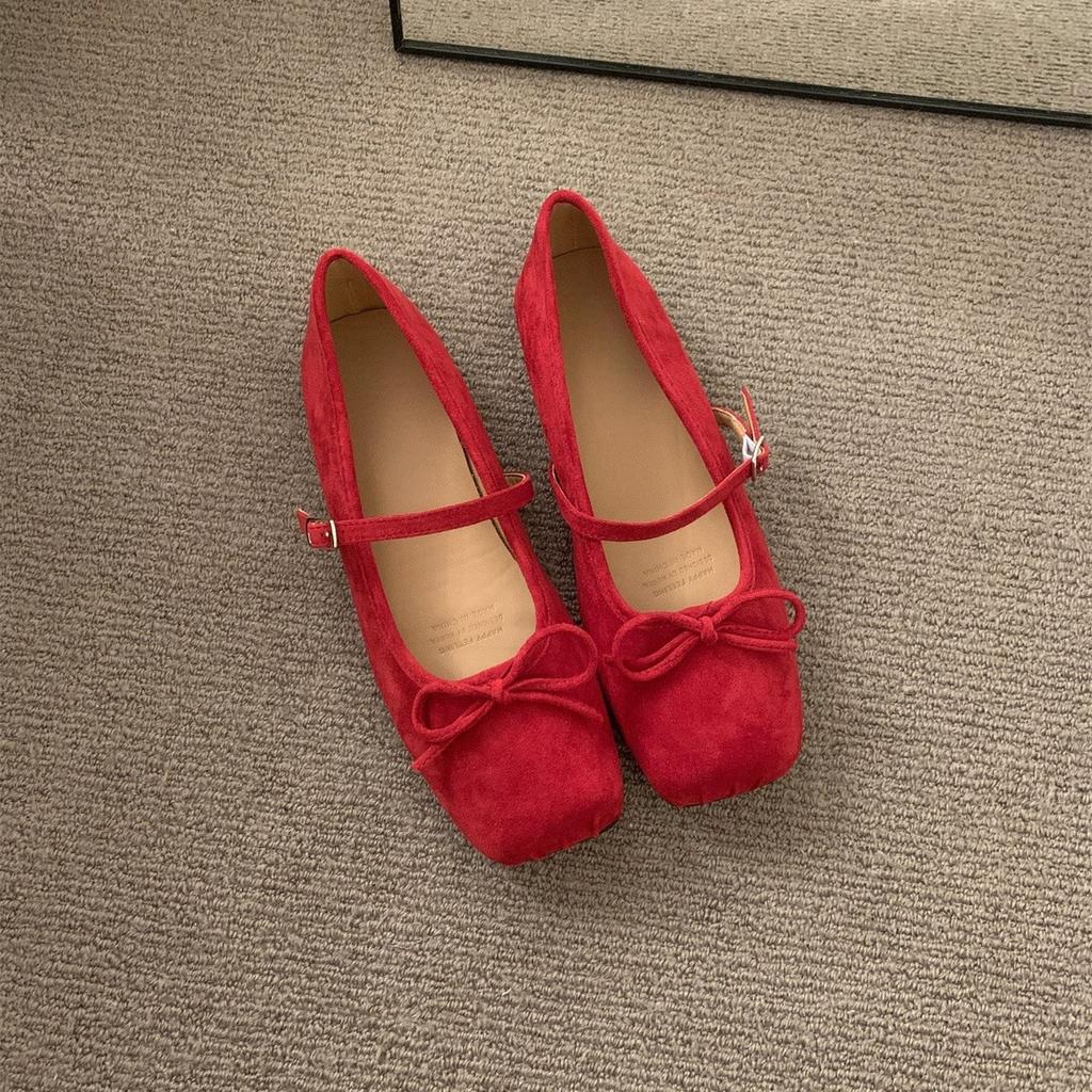 Suede Square Head Single Shoes Women's Spring and Autumn New Bow Commuter Flat Mary Jane Shoes