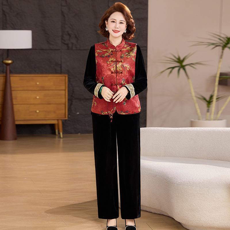 

Elegant Gold Velvet Three-Piece Set for Spring & Autumn: Stylish National Style Vest Set for Middle-Aged and Elderly Women 1XL [Recommended 80-100jin] красный
