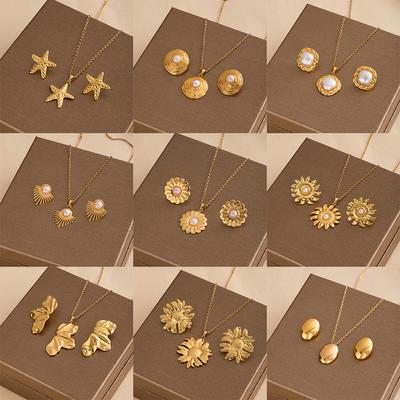 Boucles d'oreilles Puces Étoile Géométrique Perle Set Collier Style Métal Rétro Luxe Léger Haut de Gamme Boucles d'Oreilles de Niche