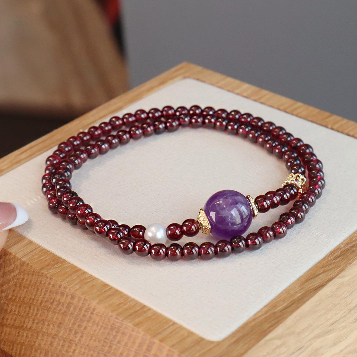 Natural Garnet Bracelet Multi-circle Amethyst Bracelet  Bangles Women Fashion Jewelry accessories Gift
