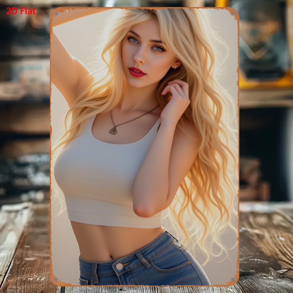 Vintage Metal Tin Sign Blonde Beauty White Crop Top Jeans Rust Metal Plaque D Flat Garage Bedroom Retro Hanging