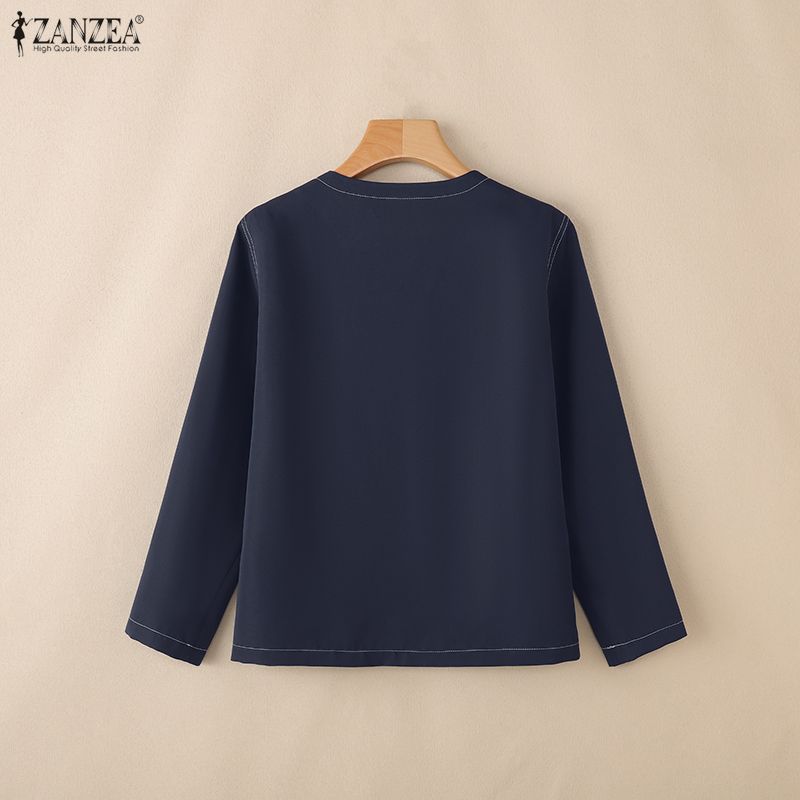 ZANZEA Women Casual Round Neck Solid Color Loose Long Sleeve Blouse