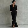 2026 European and American high-end linen wrap dress deep V bat sleeve waist pleated split fork with pocket dress