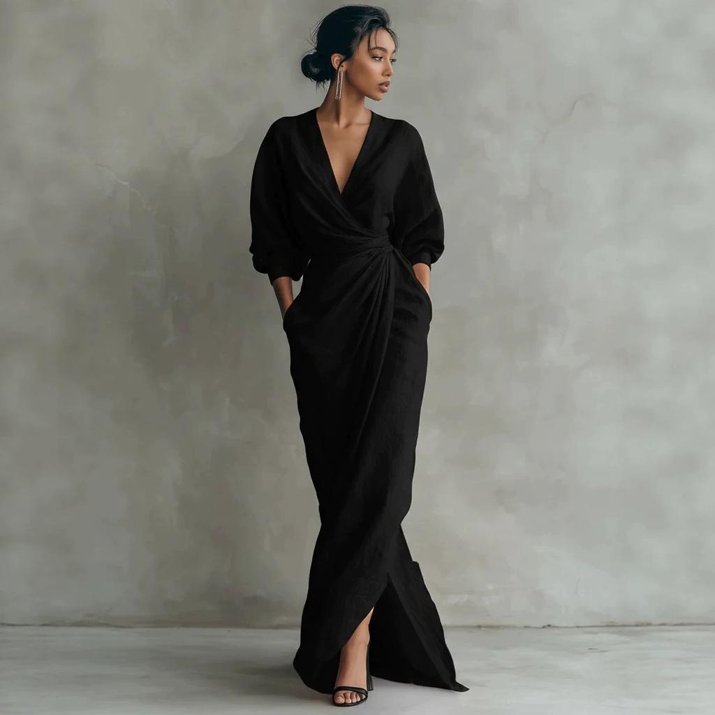 2026 European and American high-end linen wrap dress deep V bat sleeve waist pleated split fork with pocket dress
