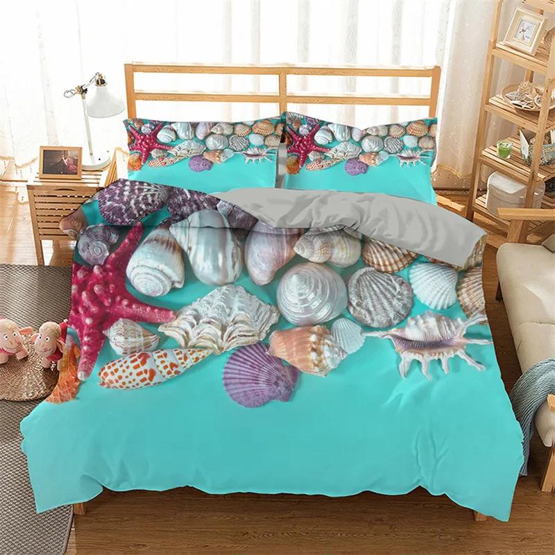 Starfish Duvet Cover Set Summer Beach Seashell Starfish Twin Bedding Set Polyester Hawaiian Tropical Nature Sea King Quilt Cover