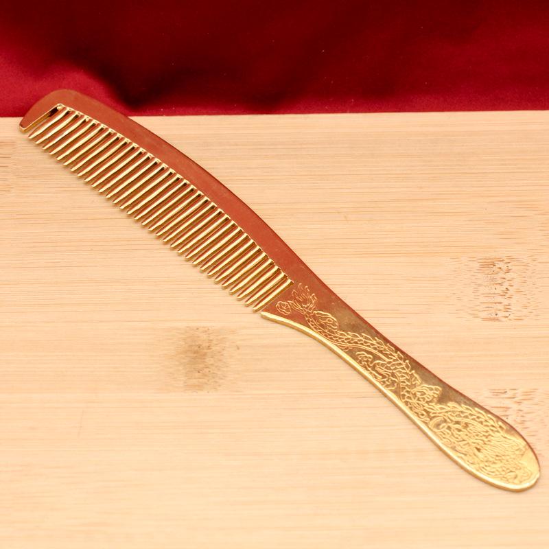 Yanxuan Handmade Antique Yellow Brass Dragon & Phoenix Anti-static Hair Comb for Health and Special Weddings