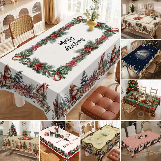 Christmas Tablecloth Winter Snowman Xmas Tree Wreath Design Rectangle Tablecloths Washable Fabric Table Cover