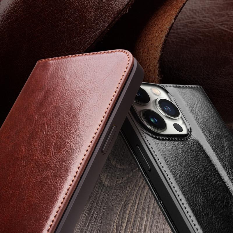 QIALINO For iPhone 15 Pro Shockproof Genuine Leather Flip Case Full Protection Wallet Cover Stand